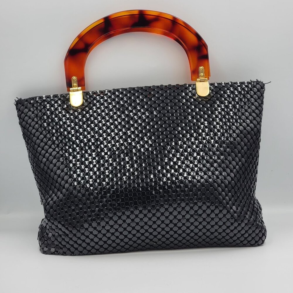Vintage Black Mesh Handbag With Tortoiseshell Acrylic Handles & Gold Hardware Re